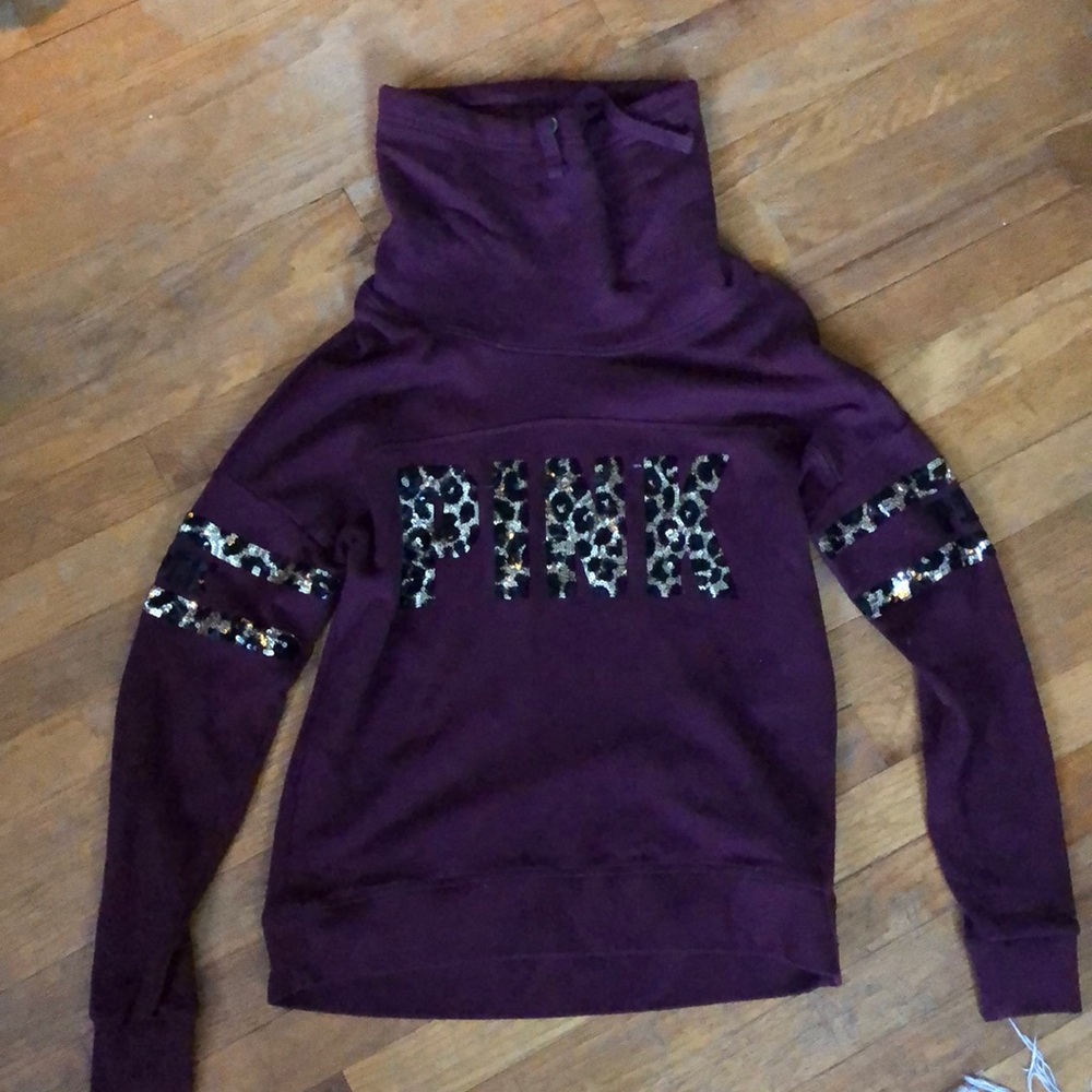 PINK cheetah sequin funnel neck hoodie